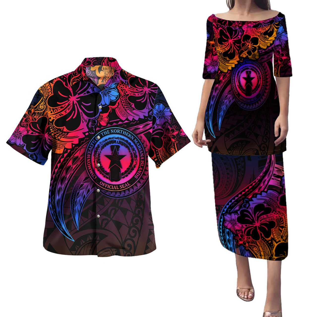 Northern Mariana Islands Combo Puletasi And Shirt Rainbow Style