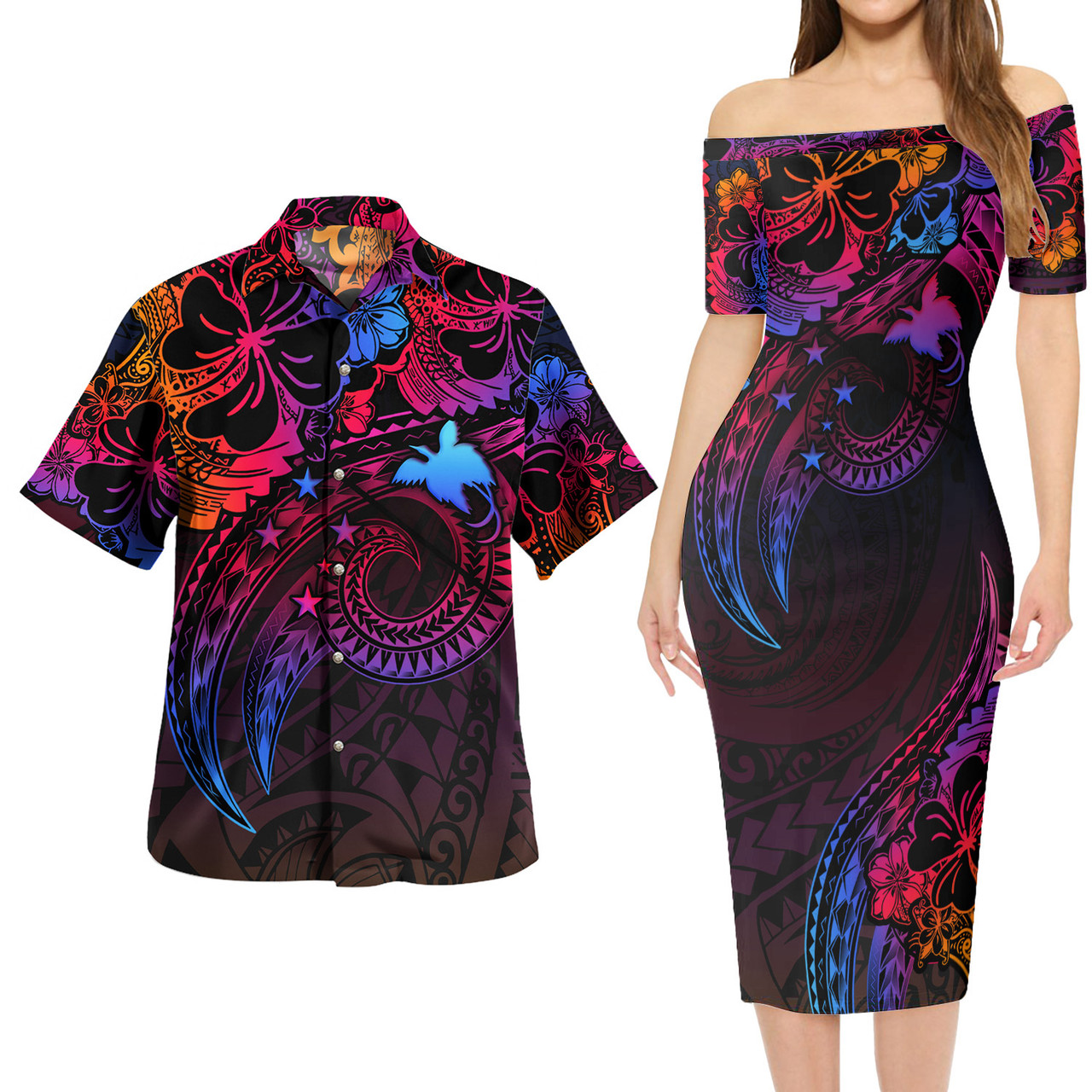 Papua New Guinea Combo Short Sleeve Dress And Shirt Rainbow Style