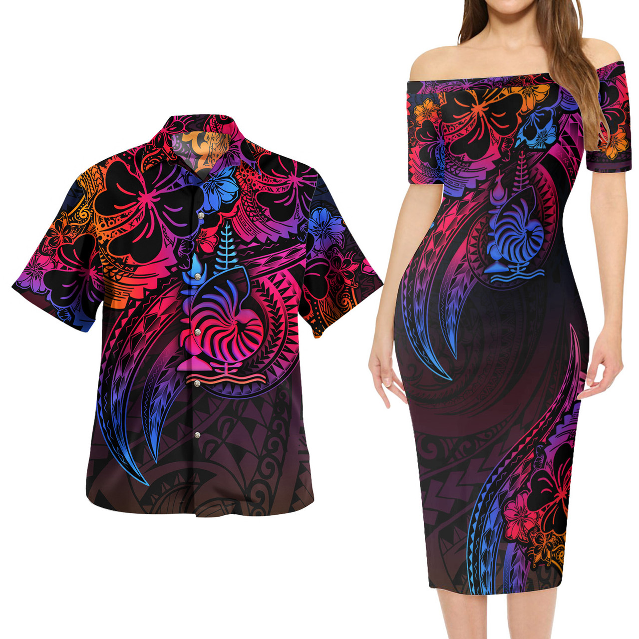New Caledonia Combo Short Sleeve Dress And Shirt Rainbow Style