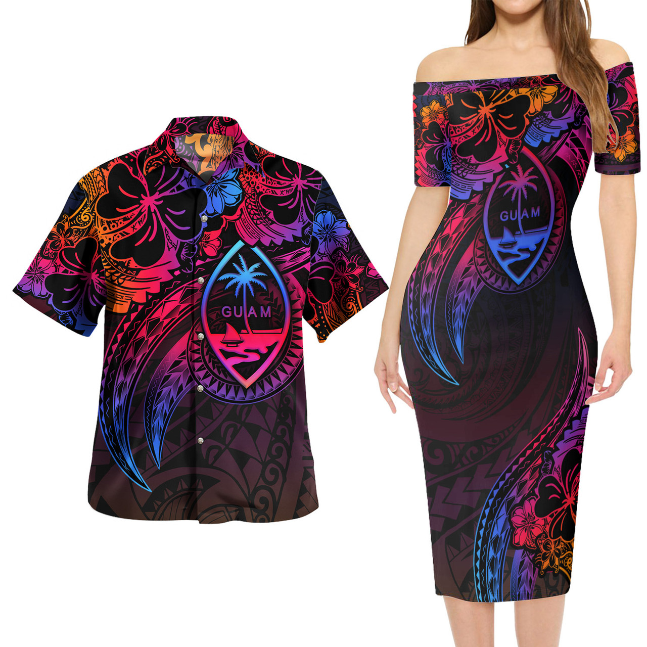 Guam Combo Short Sleeve Dress And Shirt Rainbow Style