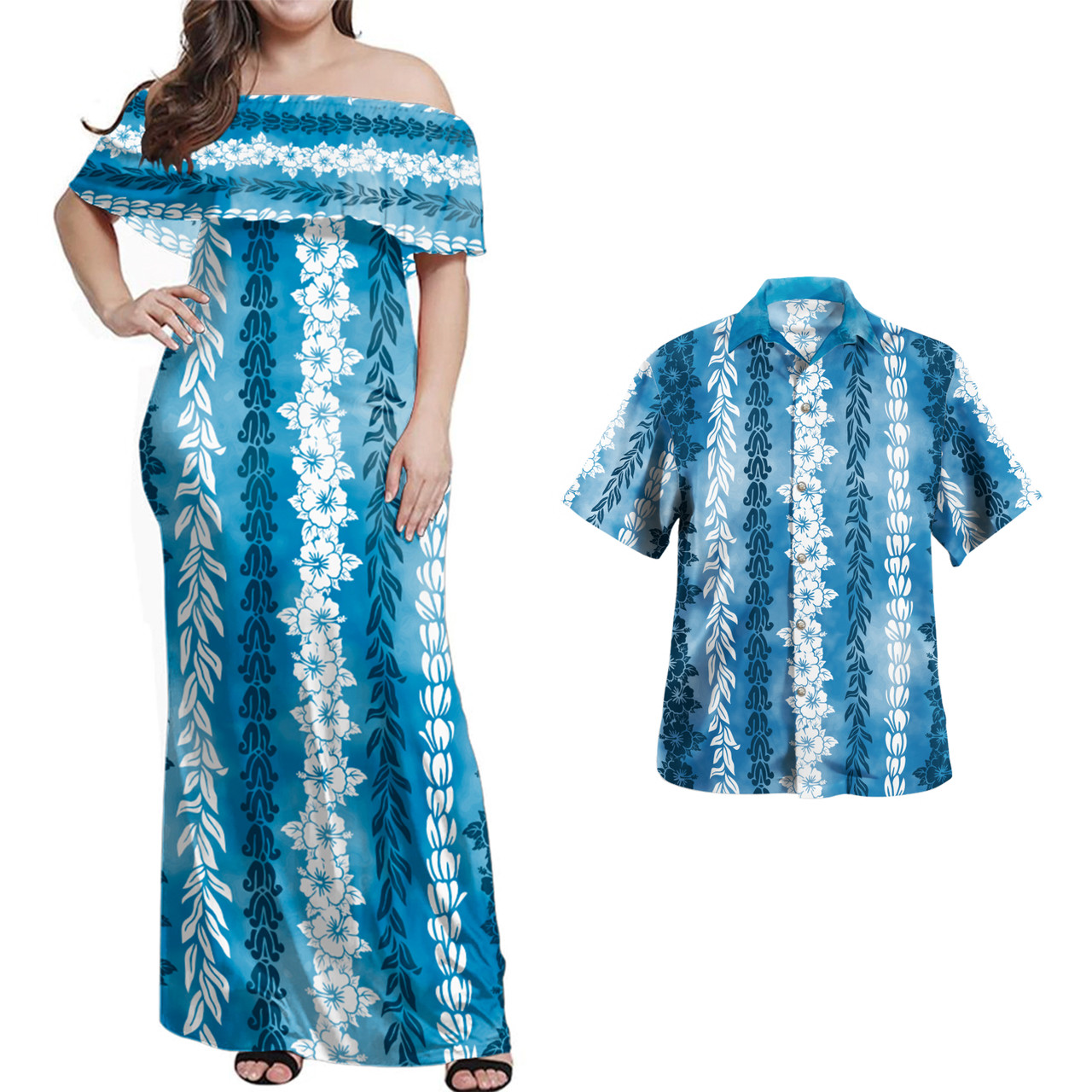 Hawaii Combo Off Shoulder Long Dress And Shirt Flower Lie Beautiful