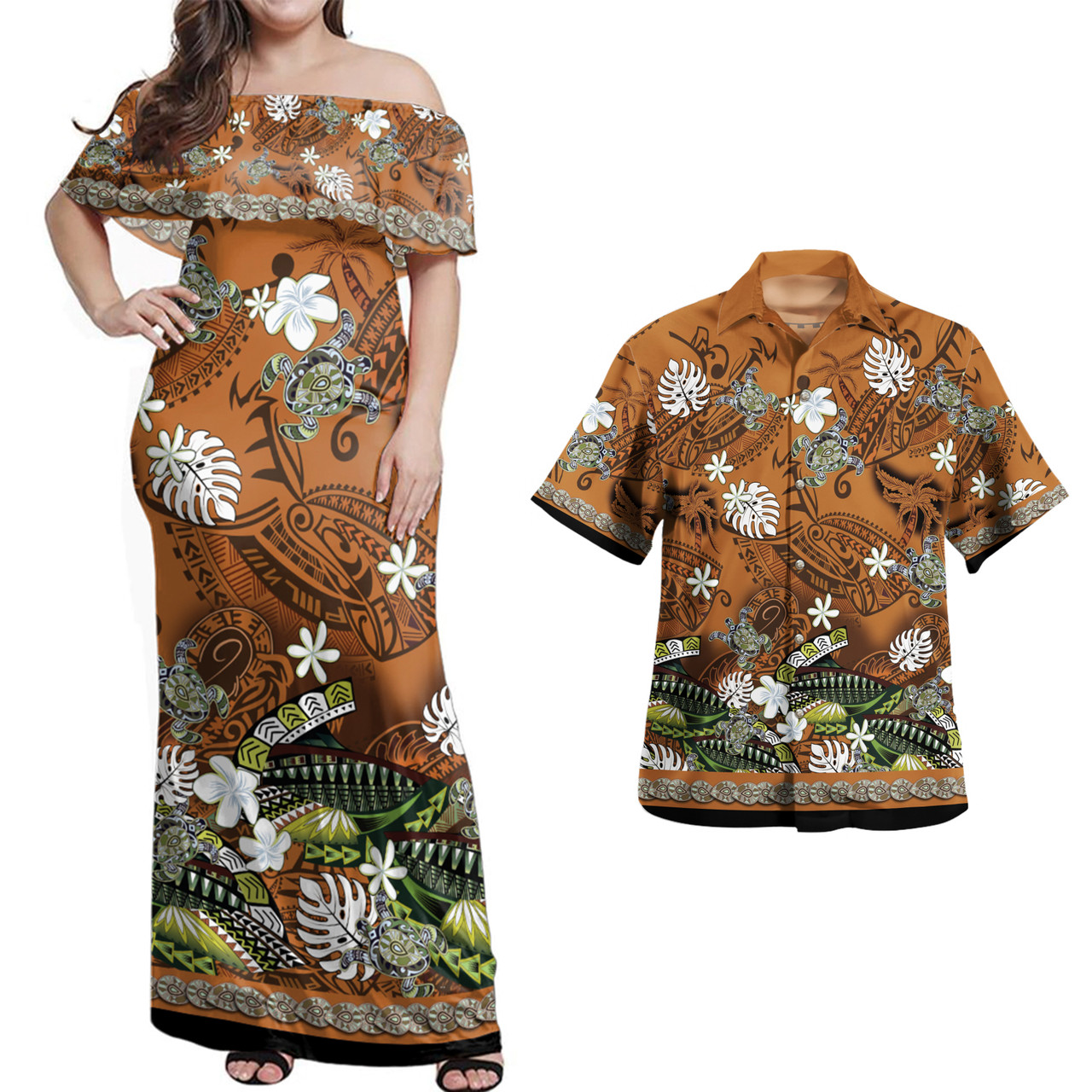 Hawaii Combo Off Shoulder Long Dress And Shirt Polynesia Floral And Tribal Islands