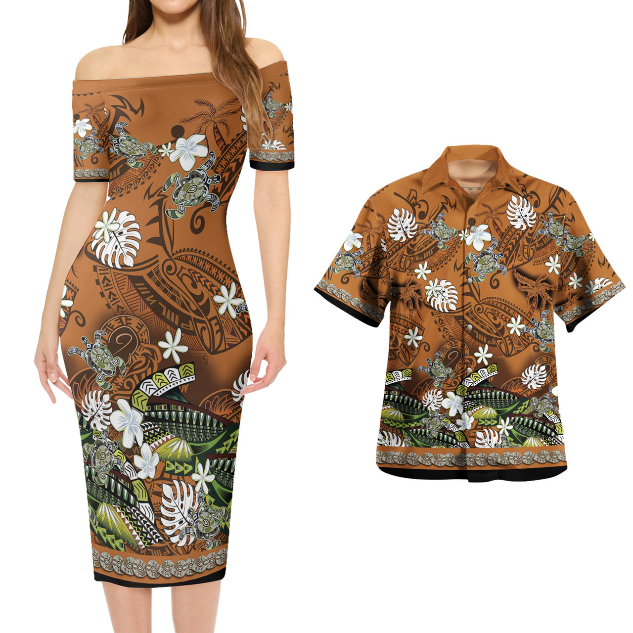 Hawaii Combo Short Sleeve Dress And Shirt Polynesia Floral And Tribal Islands