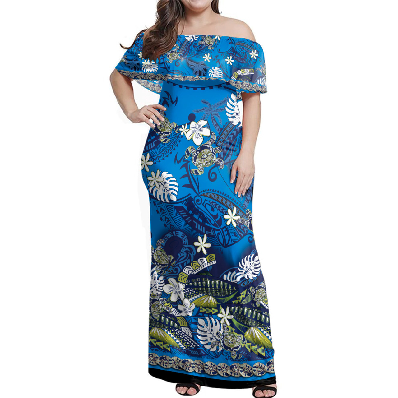 Hawaii Combo Off Shoulder Long Dress And Shirt Polynesia Floral And Tribal Islands Blue