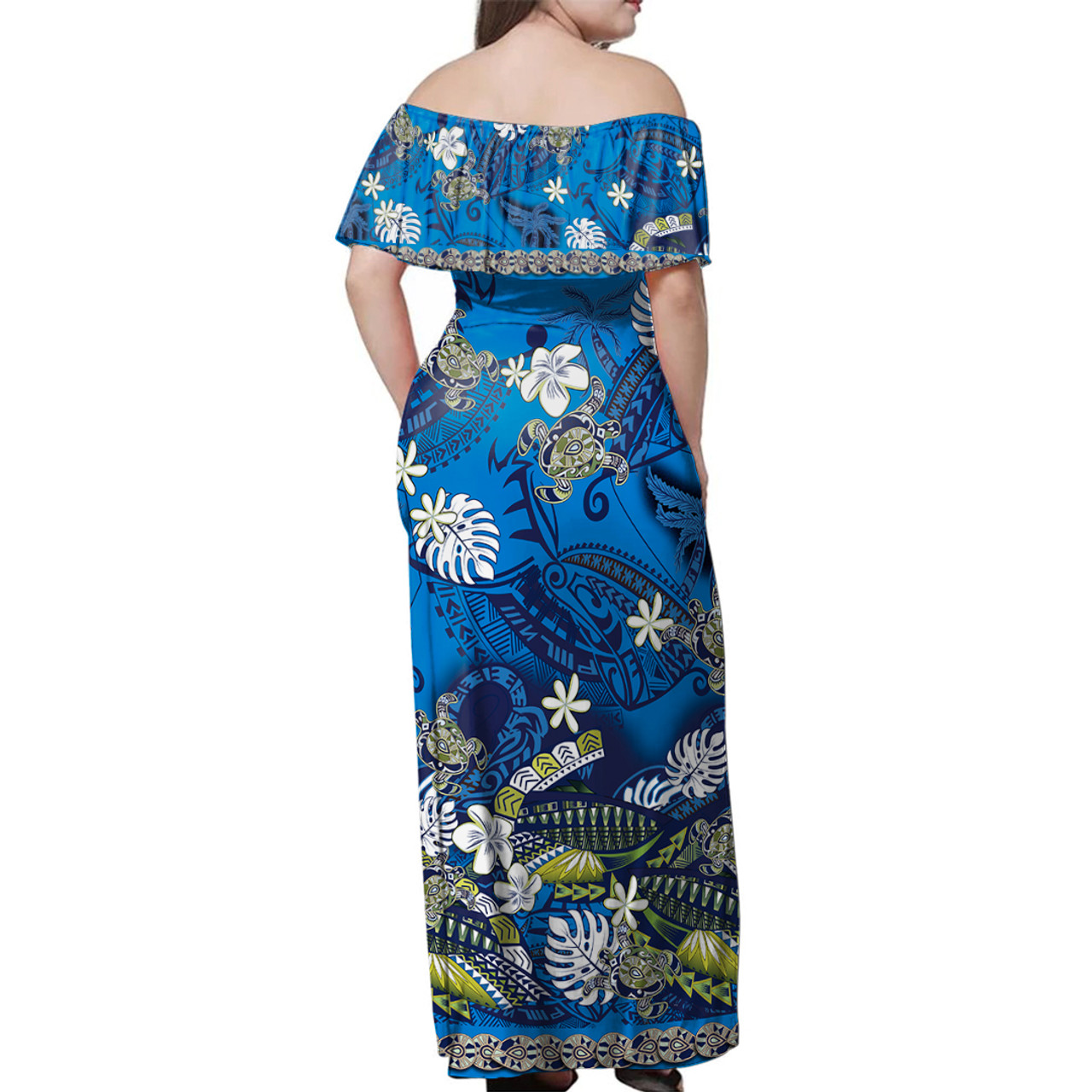 Hawaii Combo Off Shoulder Long Dress And Shirt Polynesia Floral And Tribal Islands Blue
