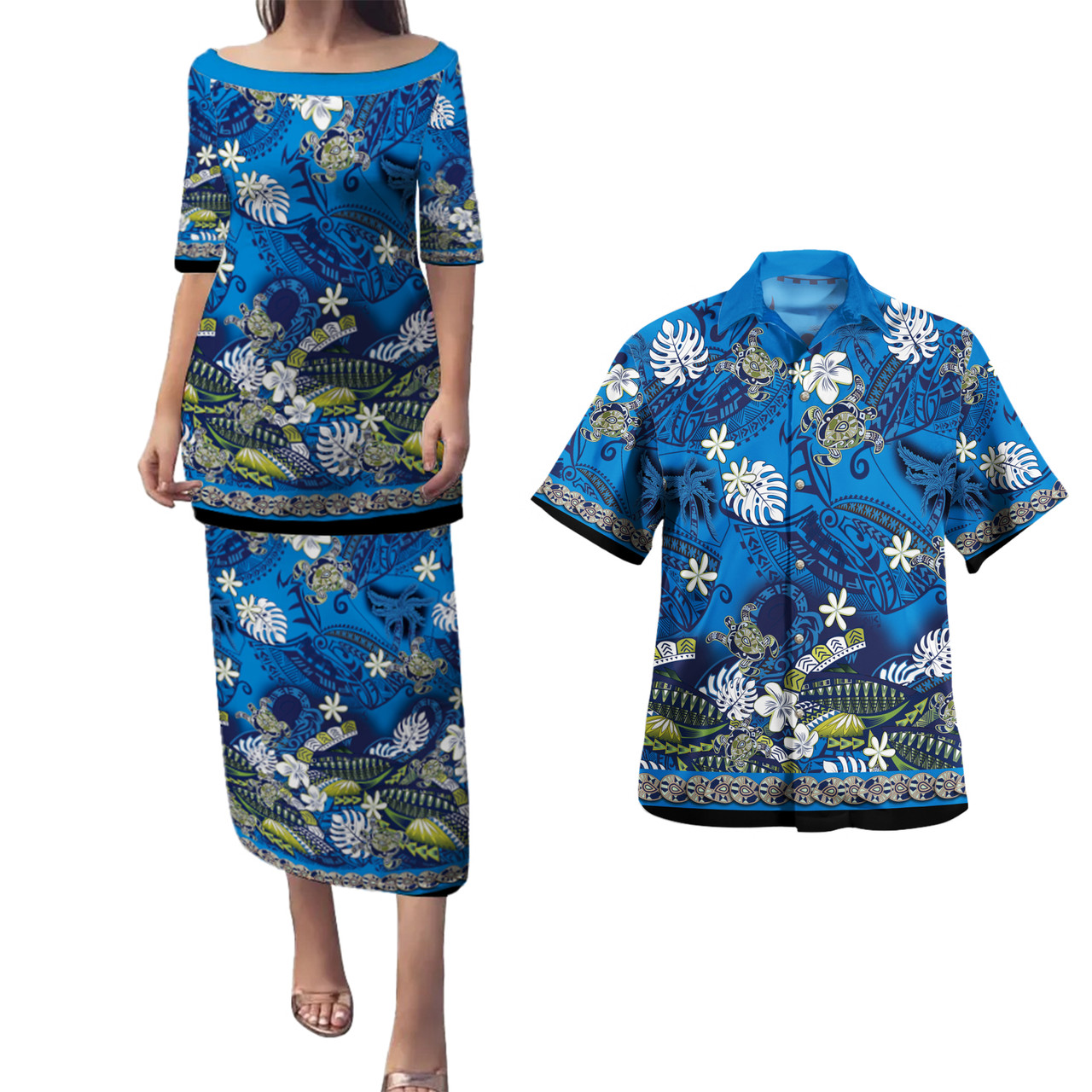 Hawaii Hawaii Combo Puletasi And Shirt Polynesia Floral And Tribal Islands Blue