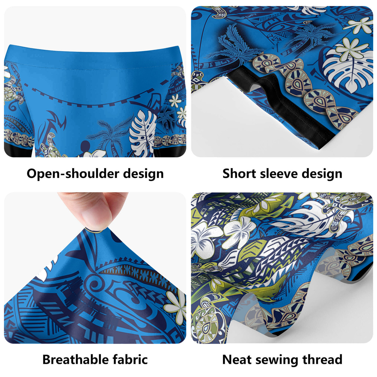 Hawaii Combo Short Sleeve Dress And Shirt Polynesia Floral And Tribal Islands Blue
