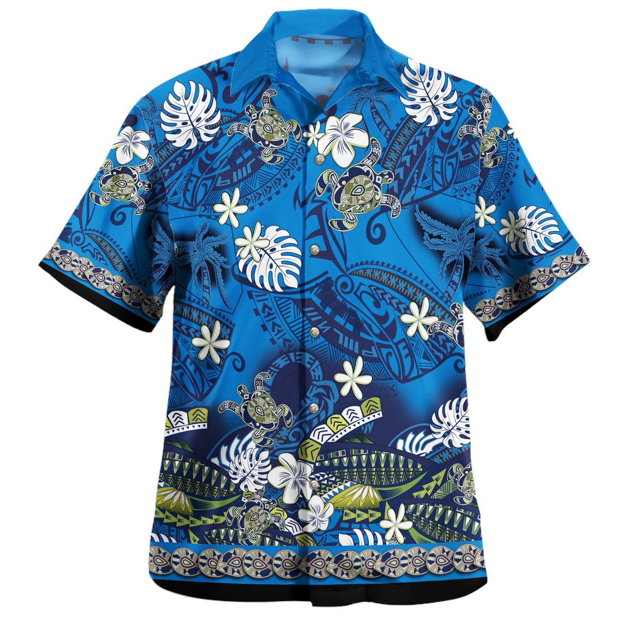 Hawaii Combo Short Sleeve Dress And Shirt Polynesia Floral And Tribal Islands Blue