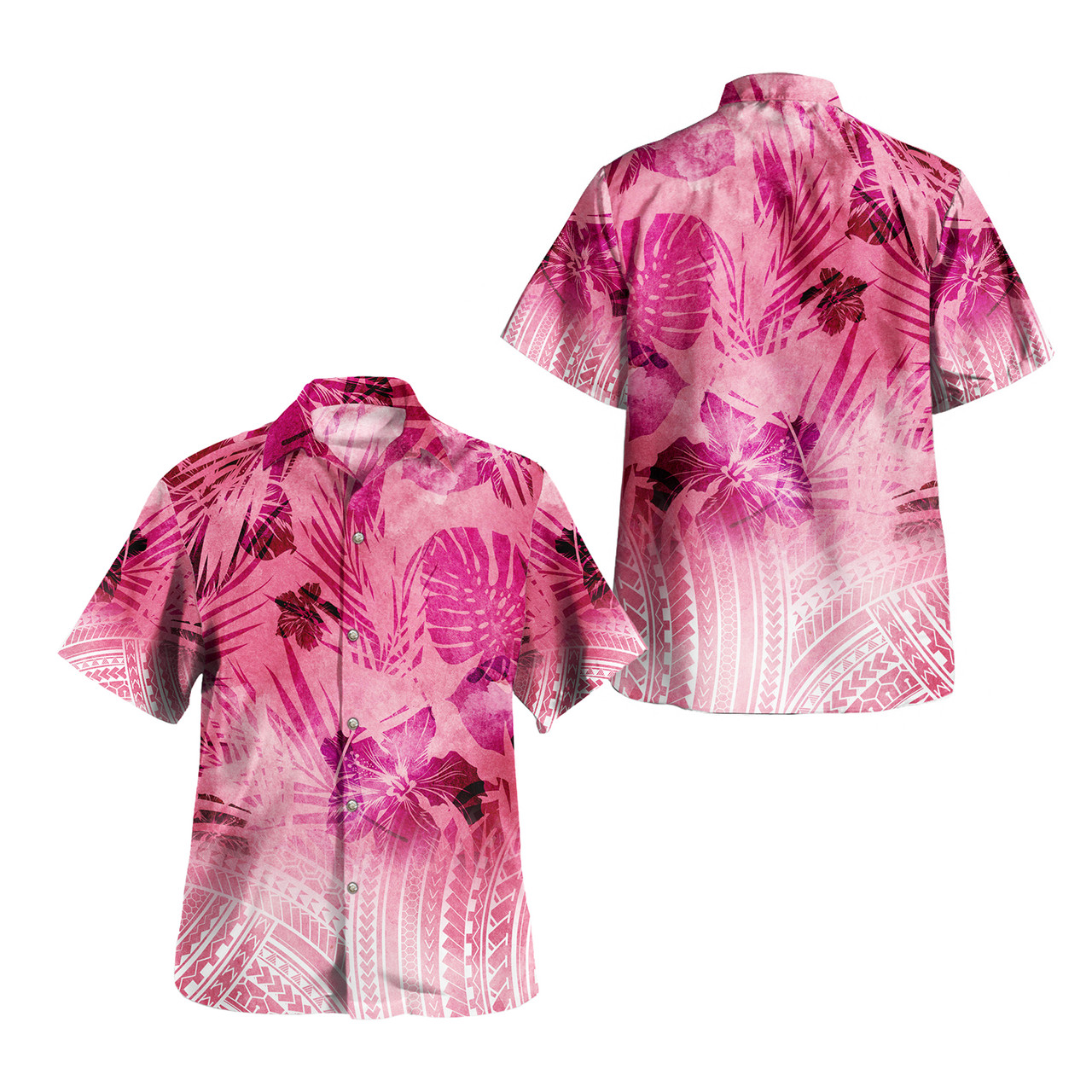 Hawaii Combo Off Shoulder Long Dress And Shirt Pink Hibiscus White Polynesian Pattern