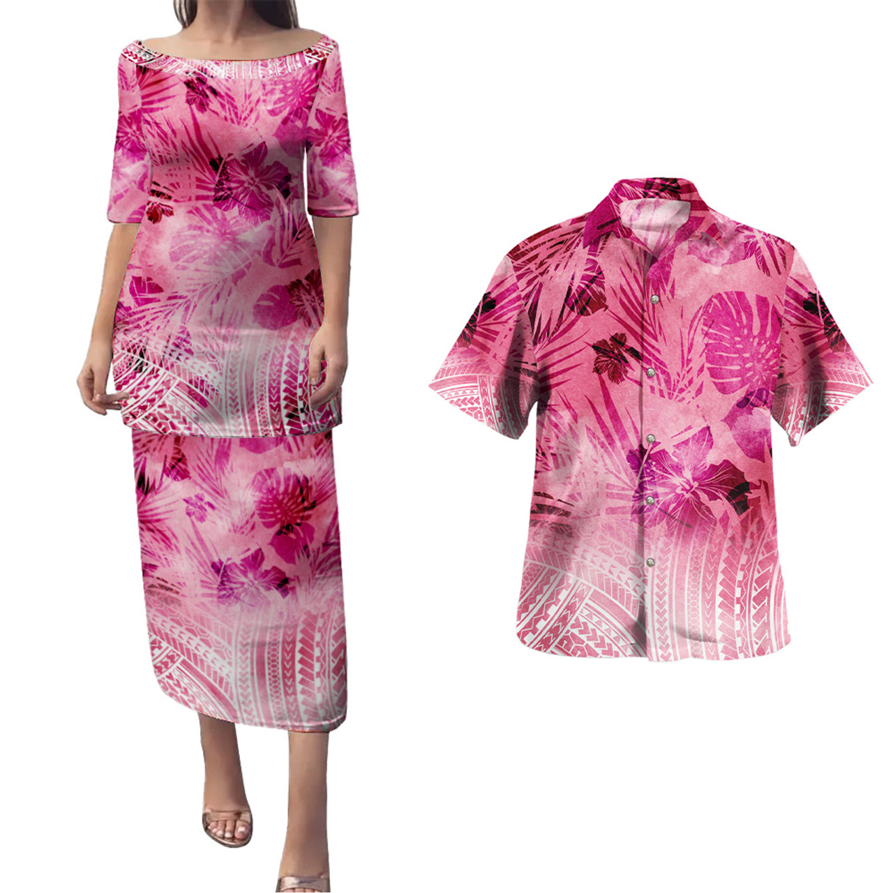 Hawaii Combo Puletasi And Shirt Pink Hibiscus White Polynesian Pattern