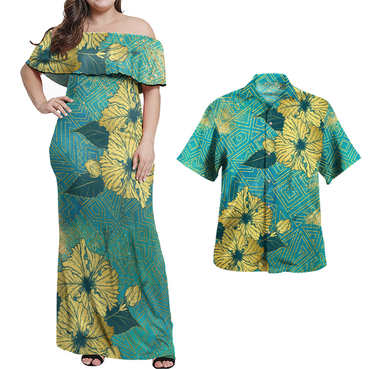 Hawaii Combo Off Shoulder Long Dress And Shirt Golden Hibiscus Turquoise Color