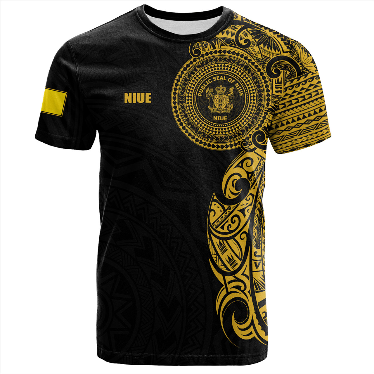 Niue T-Shirt Custom Polynesian Half Sleeve Gold Tattoo With Seal Black