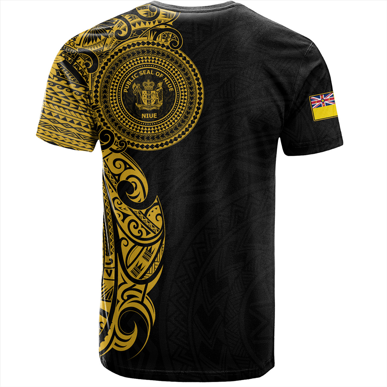 Niue T-Shirt Custom Polynesian Half Sleeve Gold Tattoo With Seal Black