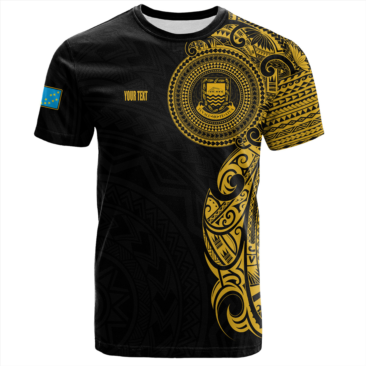 Tuvalu T-Shirt Custom Polynesian Half Sleeve Gold Tattoo With Seal Black