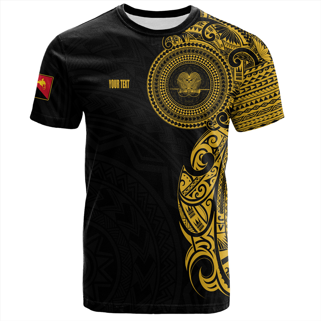 Papua New Guinea T-Shirt Custom Polynesian Half Sleeve Gold Tattoo With Seal Black