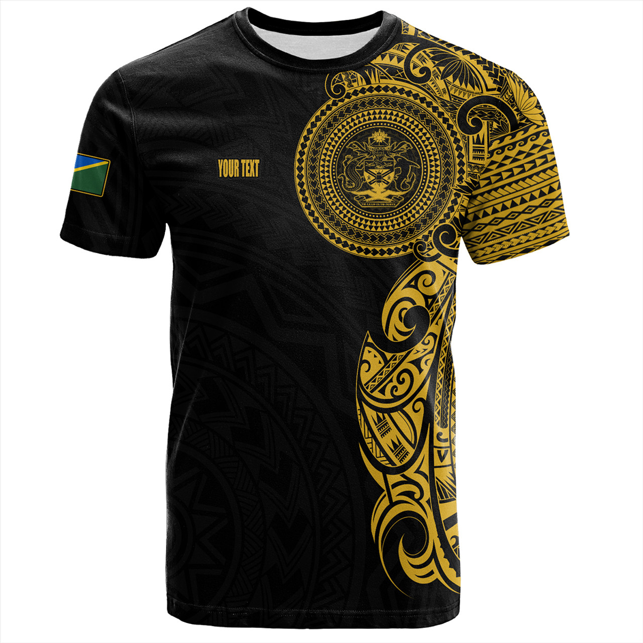 Solomon Islands T-Shirt Custom Polynesian Half Sleeve Gold Tattoo With Seal Black