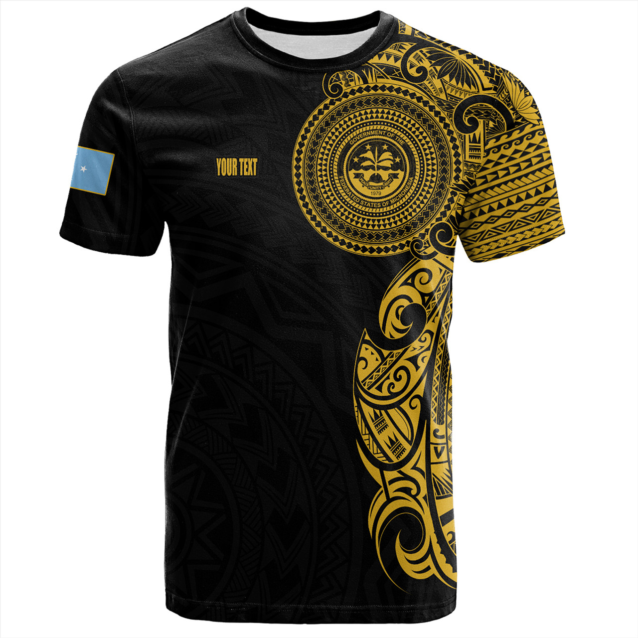 Federated States Of Micronesia T-Shirt Custom Polynesian Half Sleeve Gold Tattoo With Seal Black