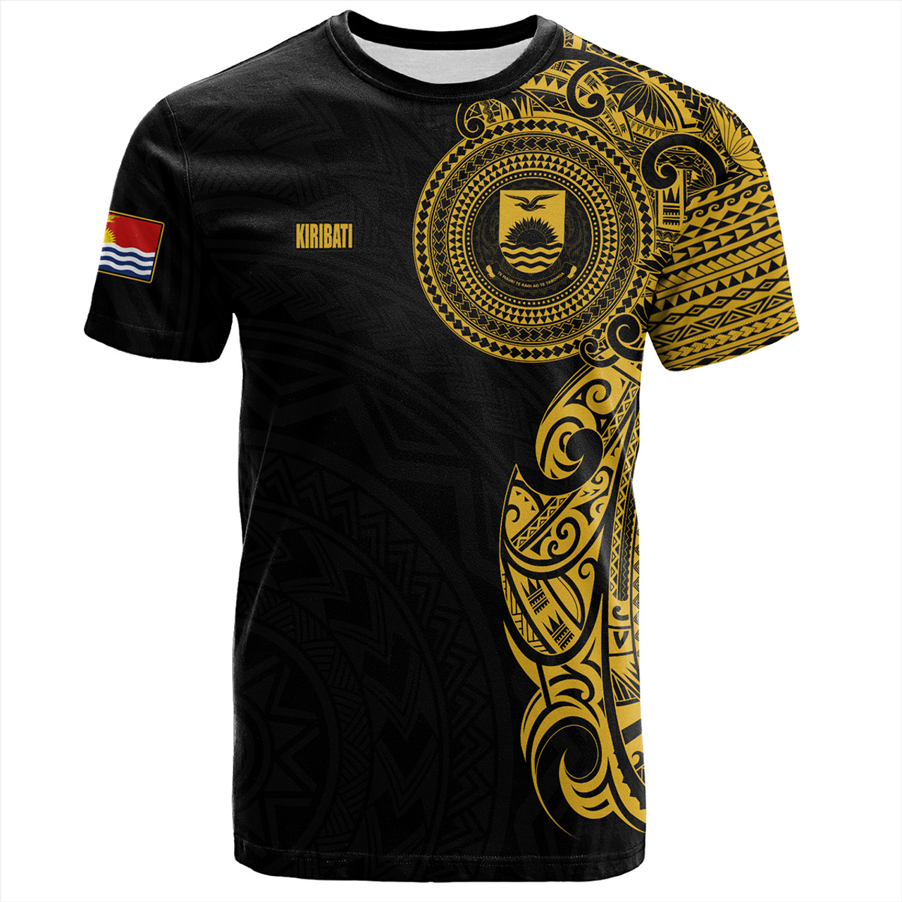 Kiribati T-Shirt Custom Polynesian Half Sleeve Gold Tattoo With Seal Black