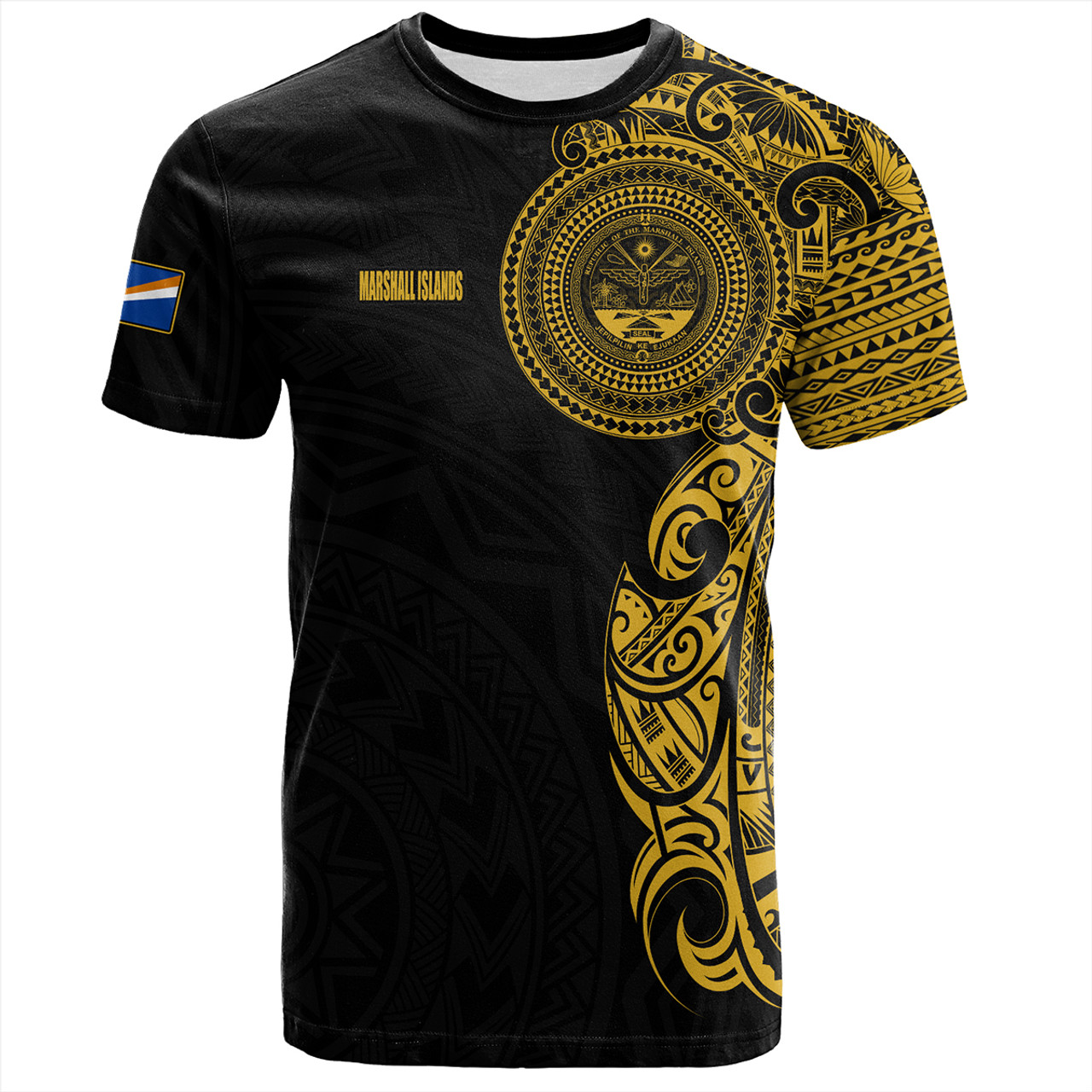 Marshall Islands T-Shirt Custom Polynesian Half Sleeve Gold Tattoo With Seal Black