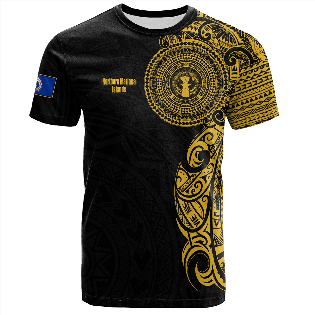 Northern Mariana Islands T-Shirt Custom Polynesian Half Sleeve Gold Tattoo With Seal Black