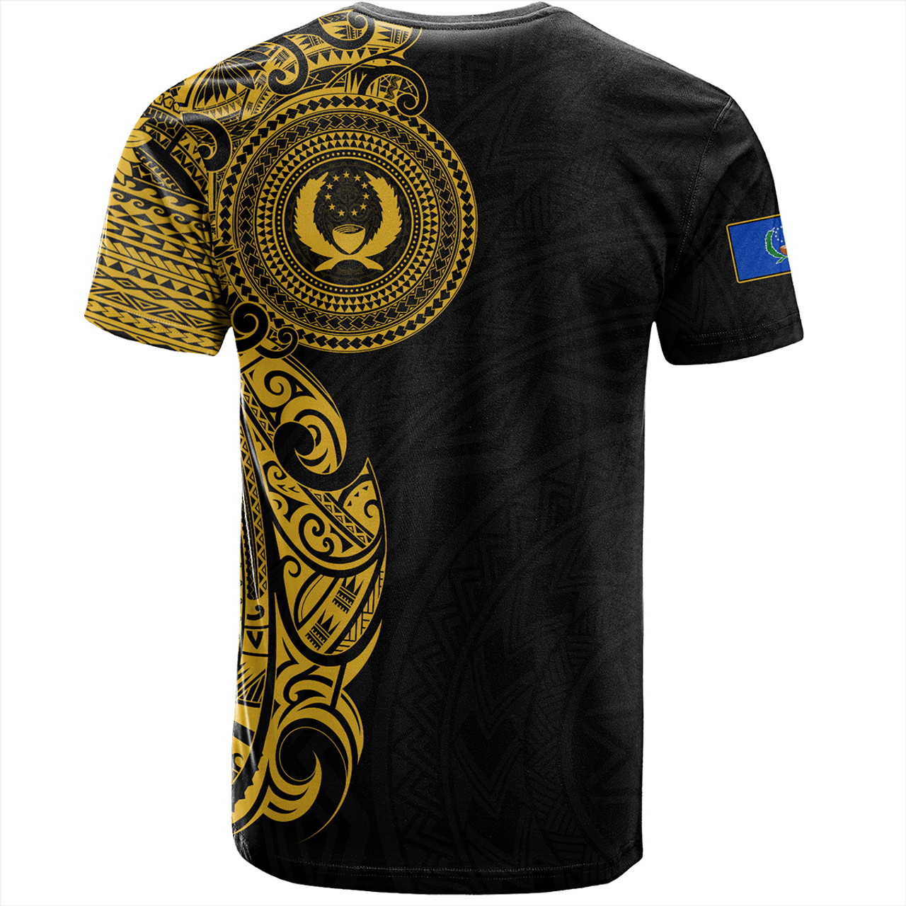 Pohnpei State T-Shirt Custom Polynesian Half Sleeve Gold Tattoo With Seal Black