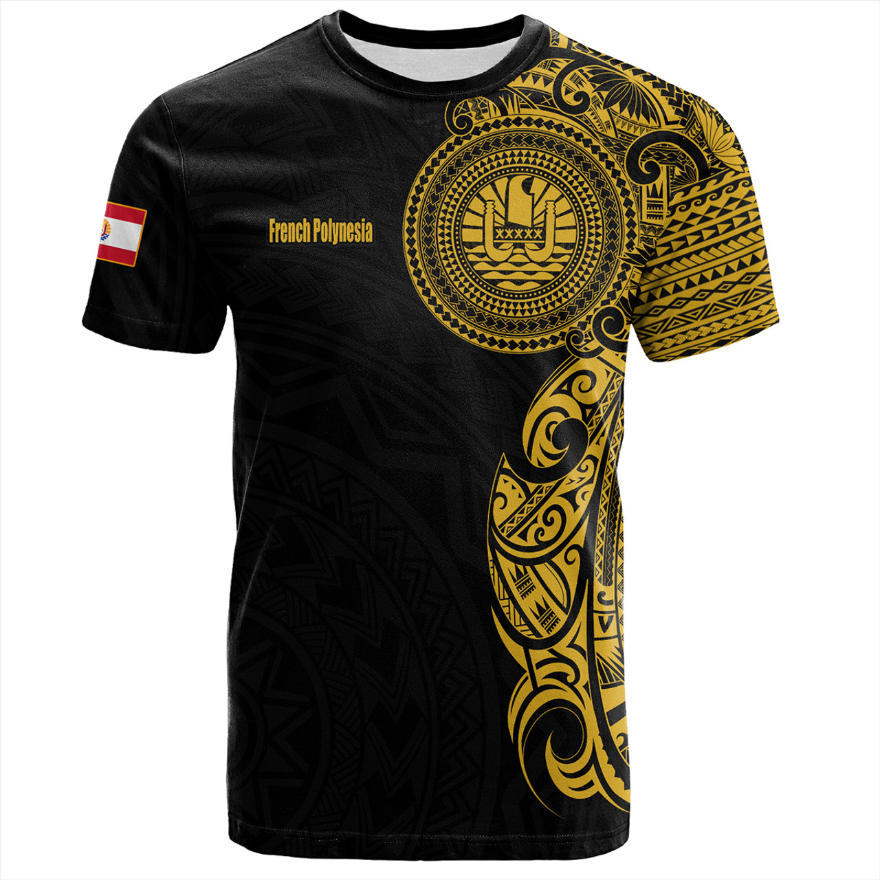 French Polynesia T-Shirt Custom Polynesian Half Sleeve Gold Tattoo With Seal Black