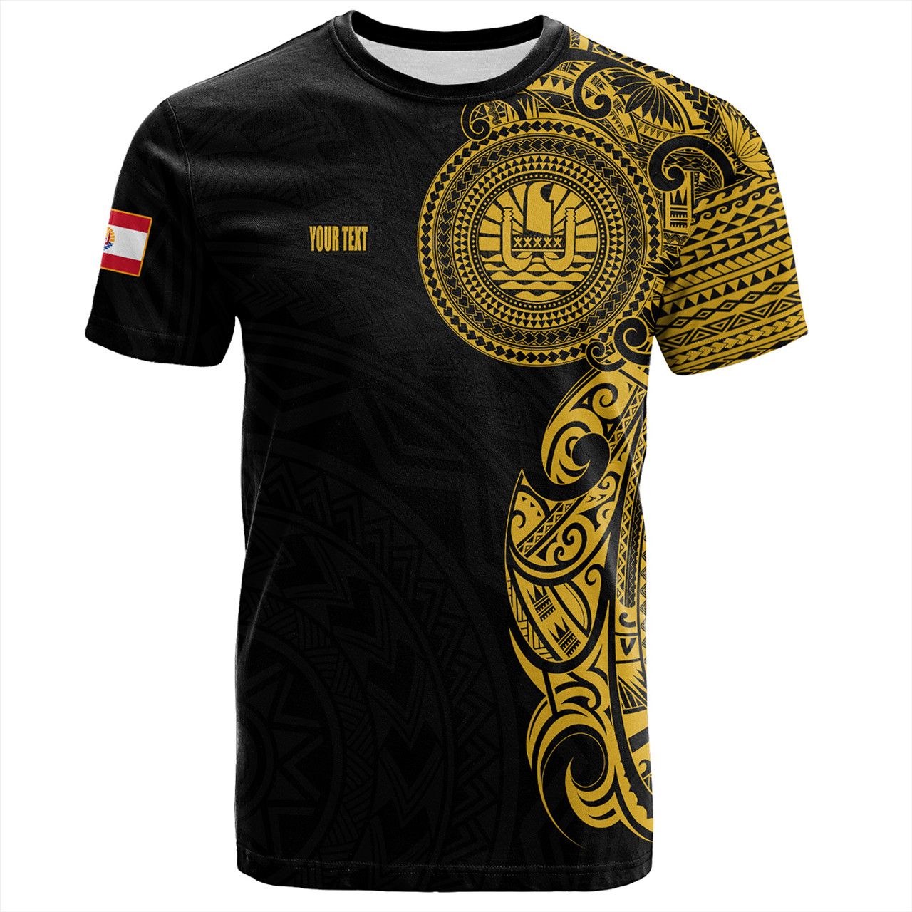 French Polynesia T-Shirt Custom Polynesian Half Sleeve Gold Tattoo With Seal Black