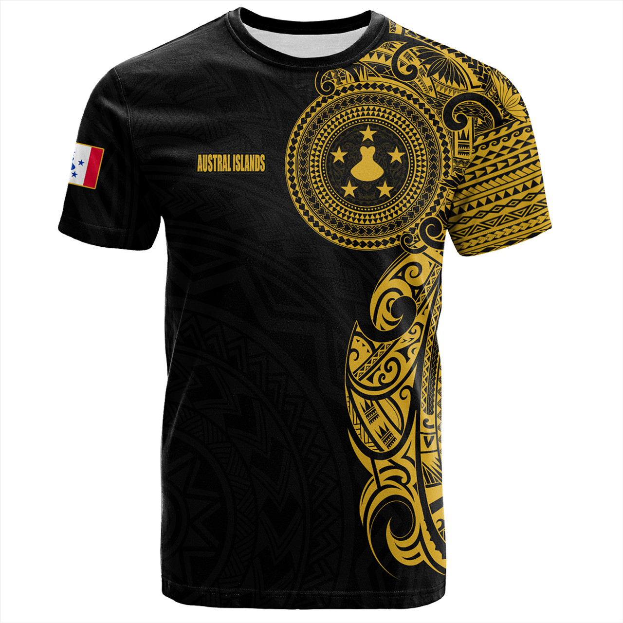 Austral Islands T-Shirt Custom Polynesian Half Sleeve Gold Tattoo With Seal Black