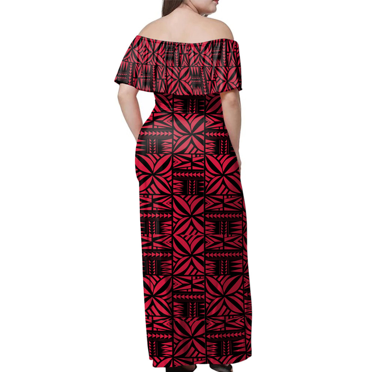 Samoa Off Shoulder Long Dress Design Stretch Print Fabric Pink