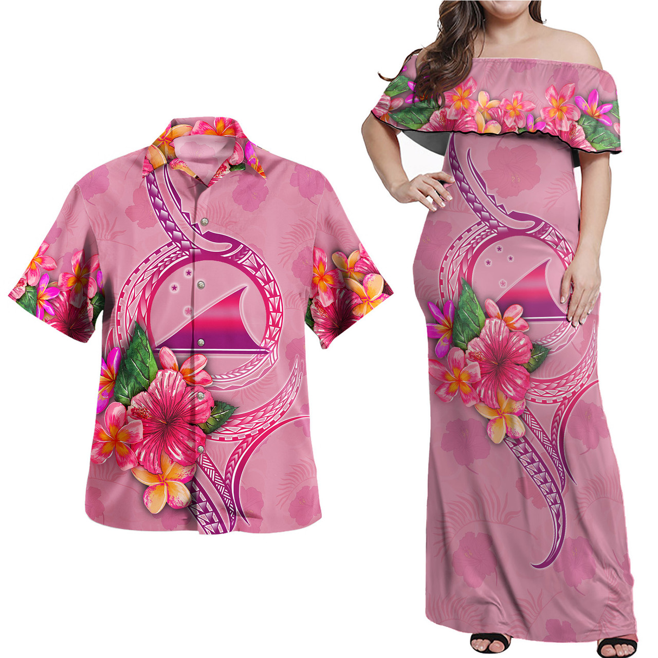 Tokelau Combo Off Shoulder Long Dress And Shirt Floral With Seal Pink