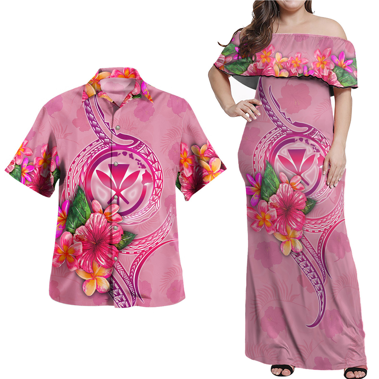 Hawaii Kanaka Maoli Combo Off Shoulder Long Dress And Shirt Floral With Seal Pink