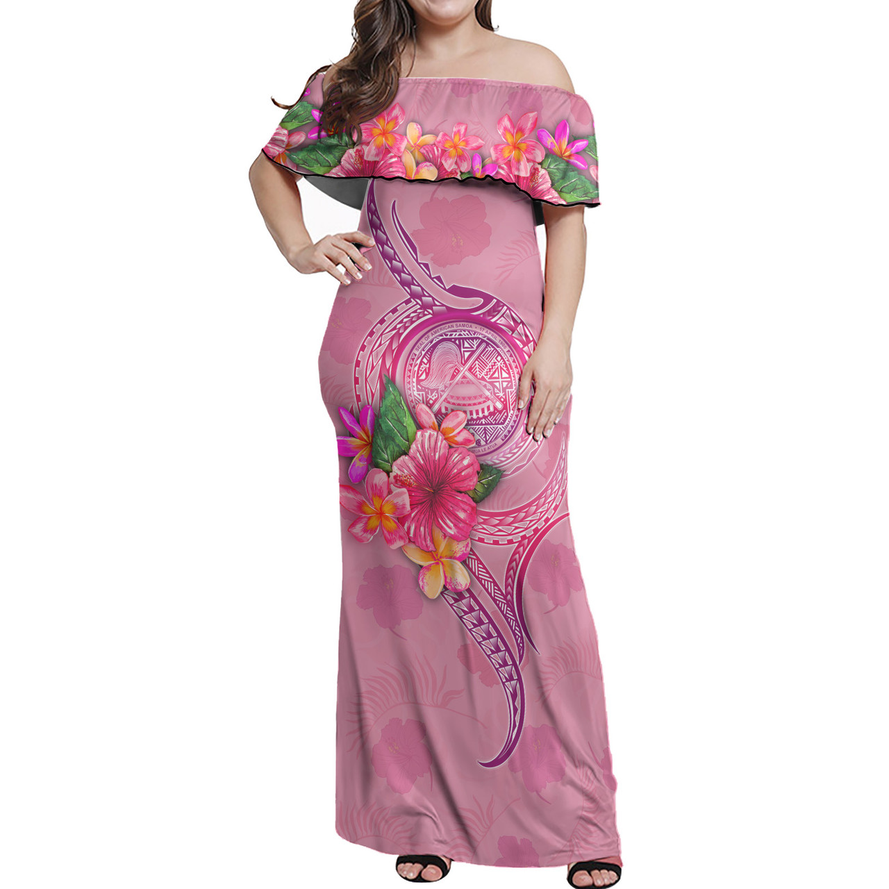 American Samoa Combo Off Shoulder Long Dress And Shirt Floral With Seal Pink