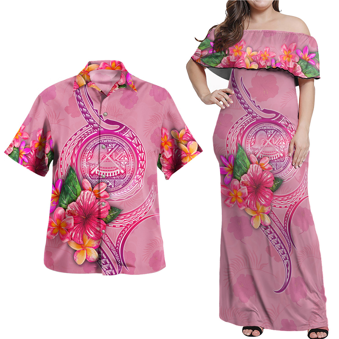 American Samoa Combo Off Shoulder Long Dress And Shirt Floral With Seal Pink