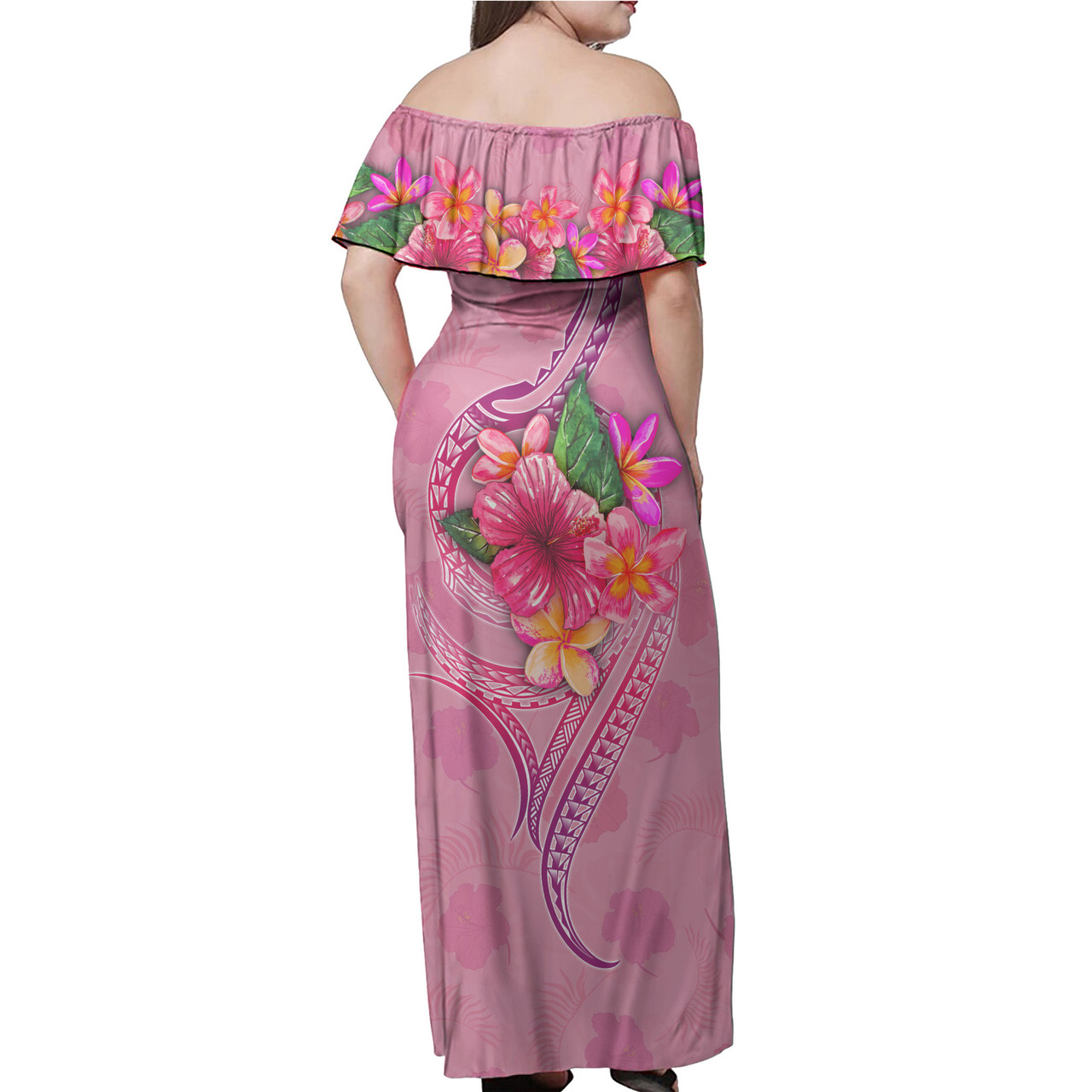 Tonga Combo Off Shoulder Long Dress And Shirt Floral With Seal Pink