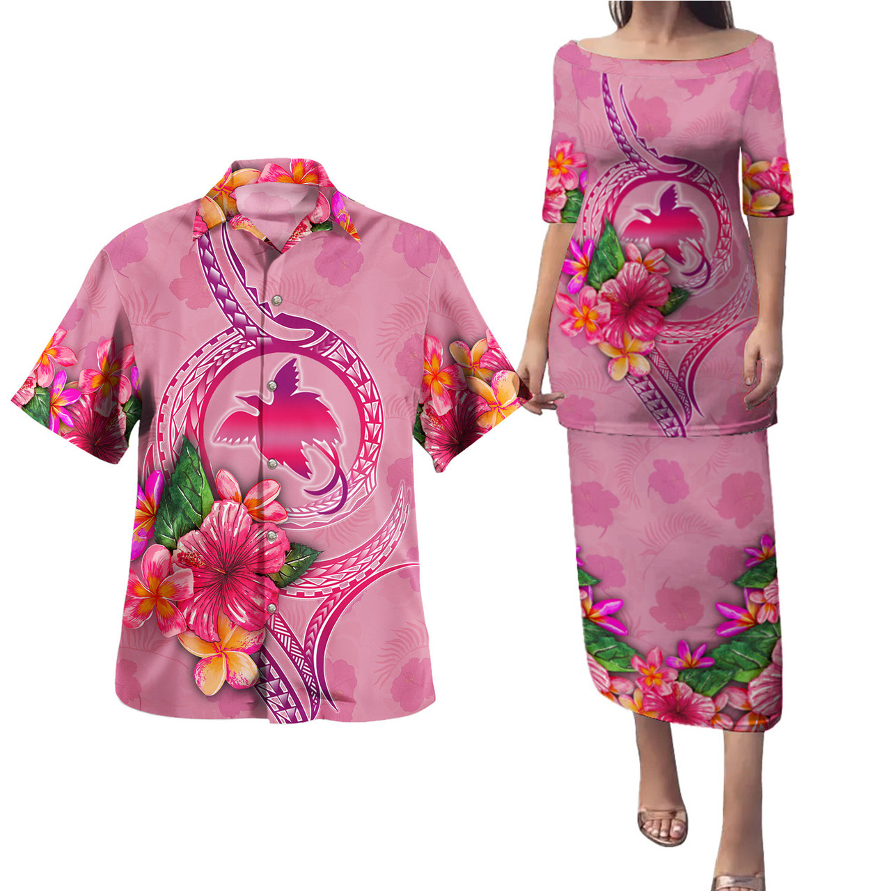 Papua New Guinea Combo Puletasi And Shirt Floral With Seal Pink