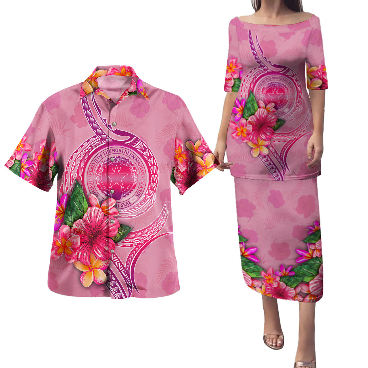 Northern Mariana Islands Combo Puletasi And Shirt Floral With Seal Pink