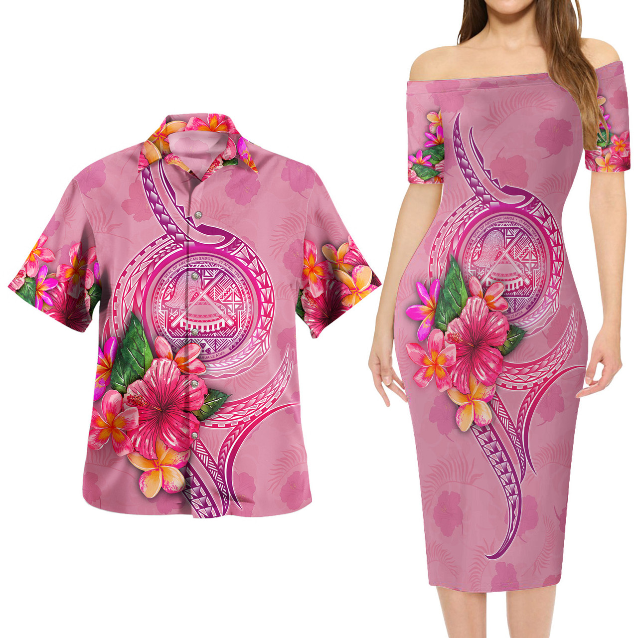 American Samoa Combo Short Sleeve Dress And Shirt Floral With Seal Pink