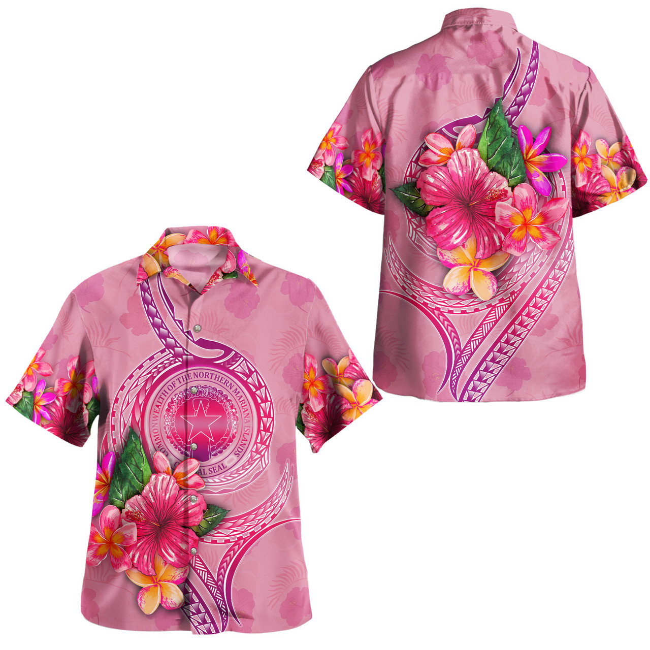 Northern Mariana Islands Combo Short Sleeve Dress And Shirt Floral With Seal Pink