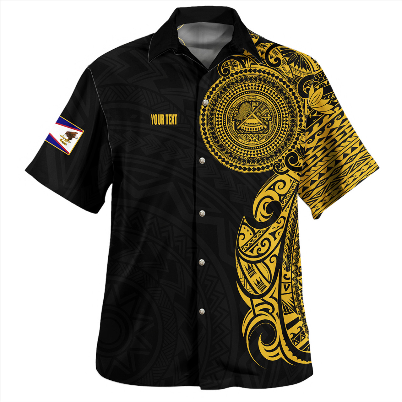 American Samoa Hawaiian Shirt Custom Polynesian Half Sleeve Gold Tattoo With Seal Black