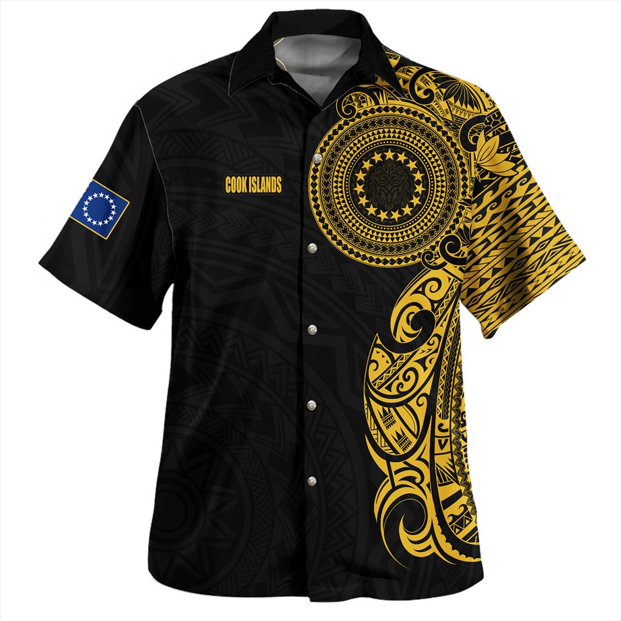 Cook Islands Hawaiian Shirt Custom Polynesian Half Sleeve Gold Tattoo With Seal Black