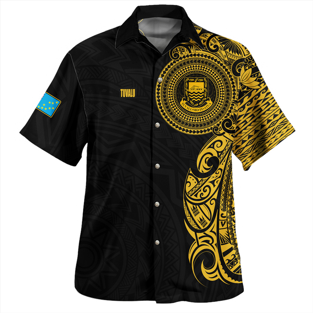 Tuvalu Hawaiian Shirt Custom Polynesian Half Sleeve Gold Tattoo With Seal Black