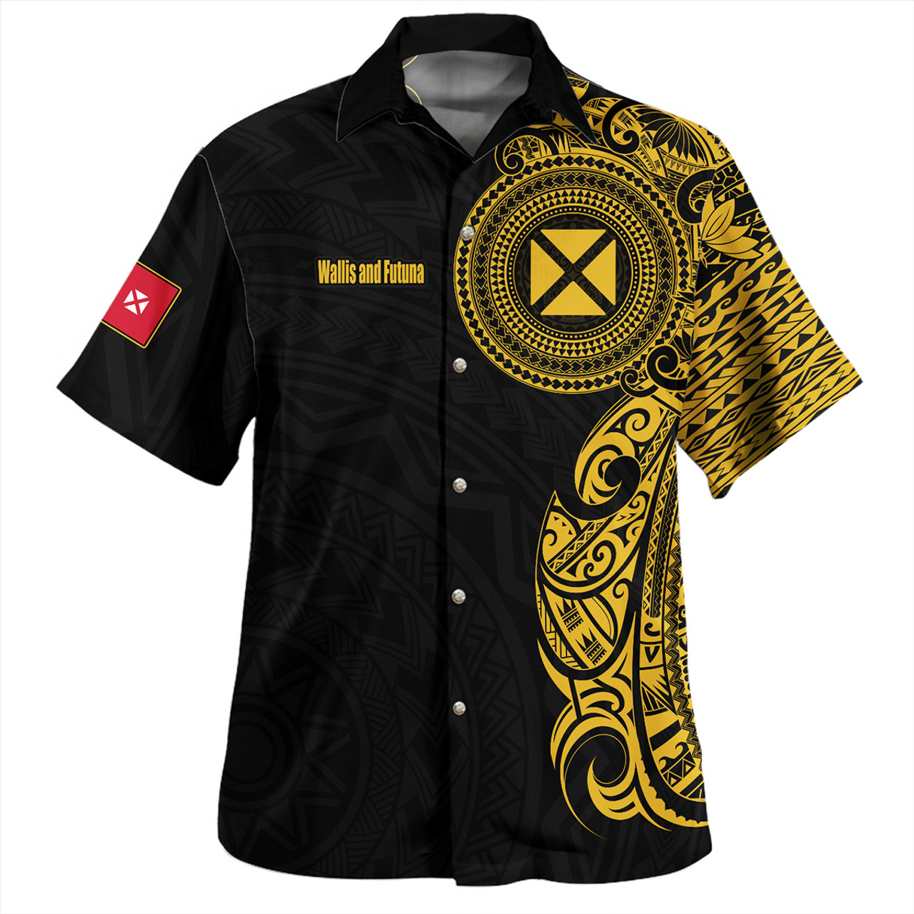 Wallis And Futuna Hawaiian Shirt Custom Polynesian Half Sleeve Gold Tattoo With Seal Black