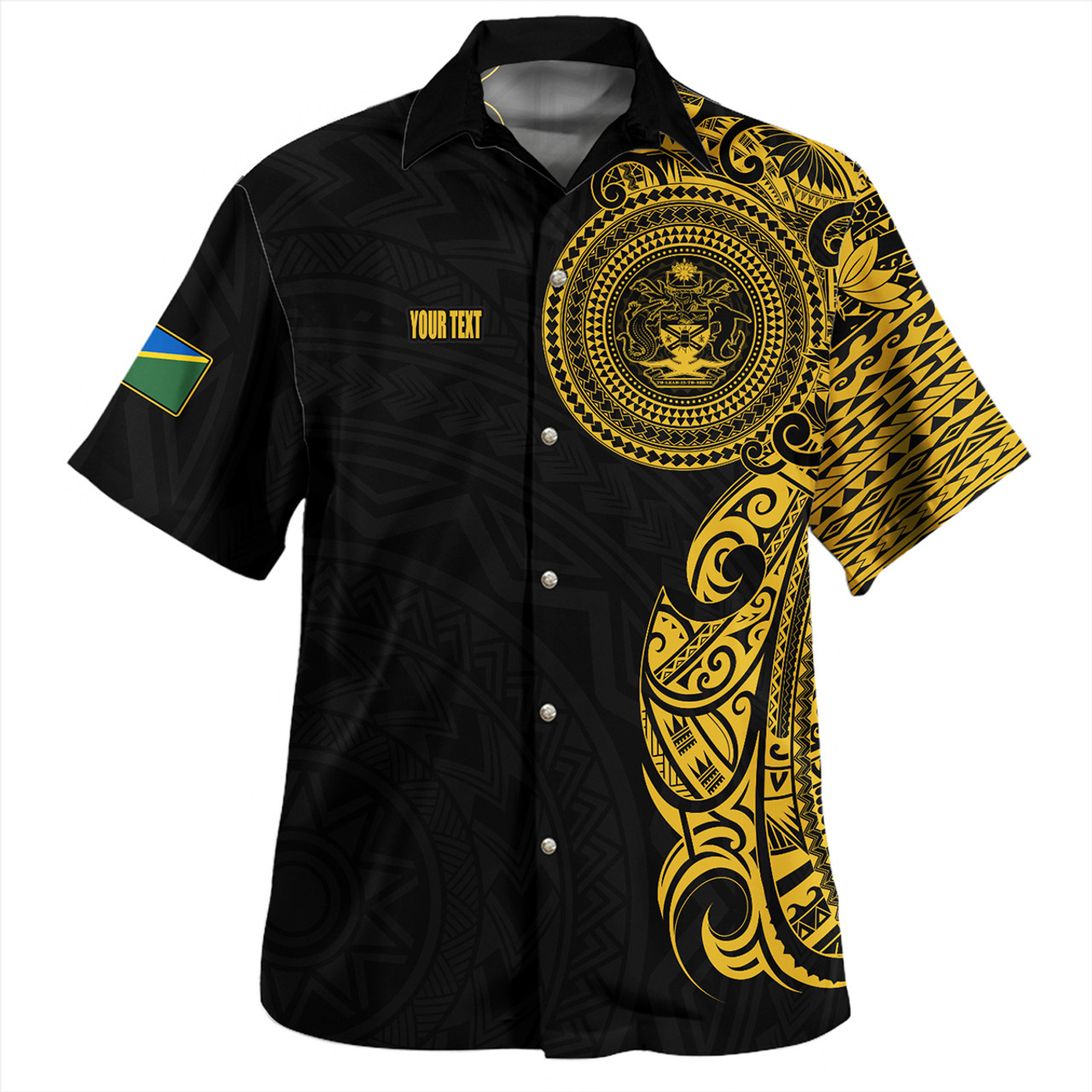 Solomon Islands Hawaiian Shirt Custom Polynesian Half Sleeve Gold Tattoo With Seal Black