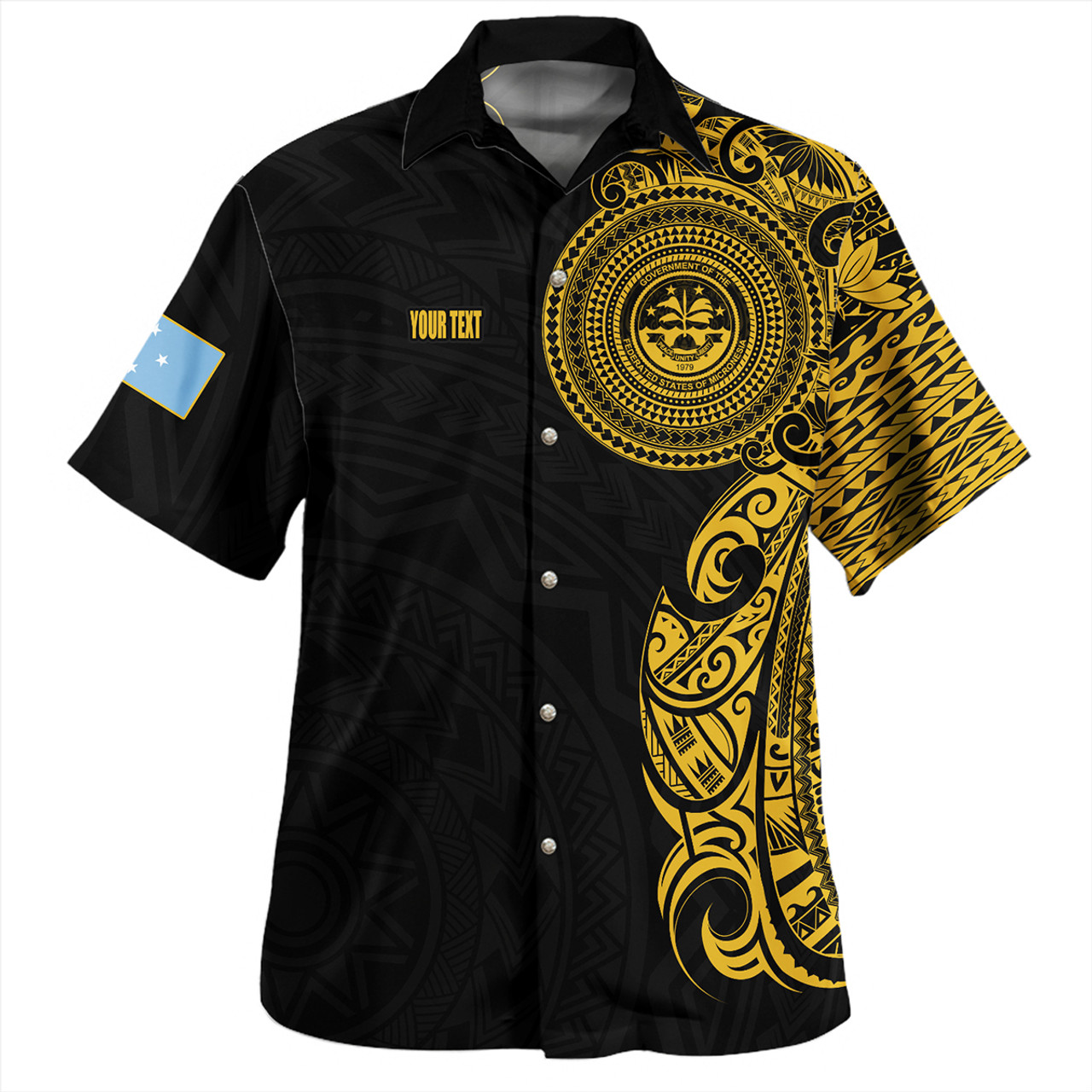 Federated States Of Micronesia Hawaiian Shirt Custom Polynesian Half Sleeve Gold Tattoo With Seal Black
