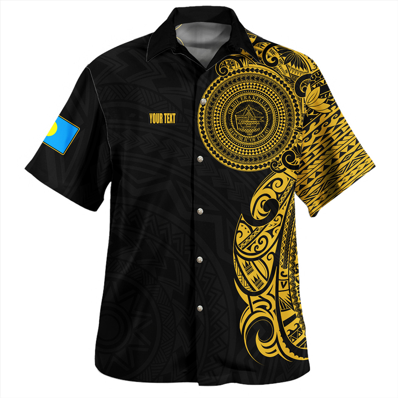 Palau Hawaiian Shirt Custom Polynesian Half Sleeve Gold Tattoo With Seal Black