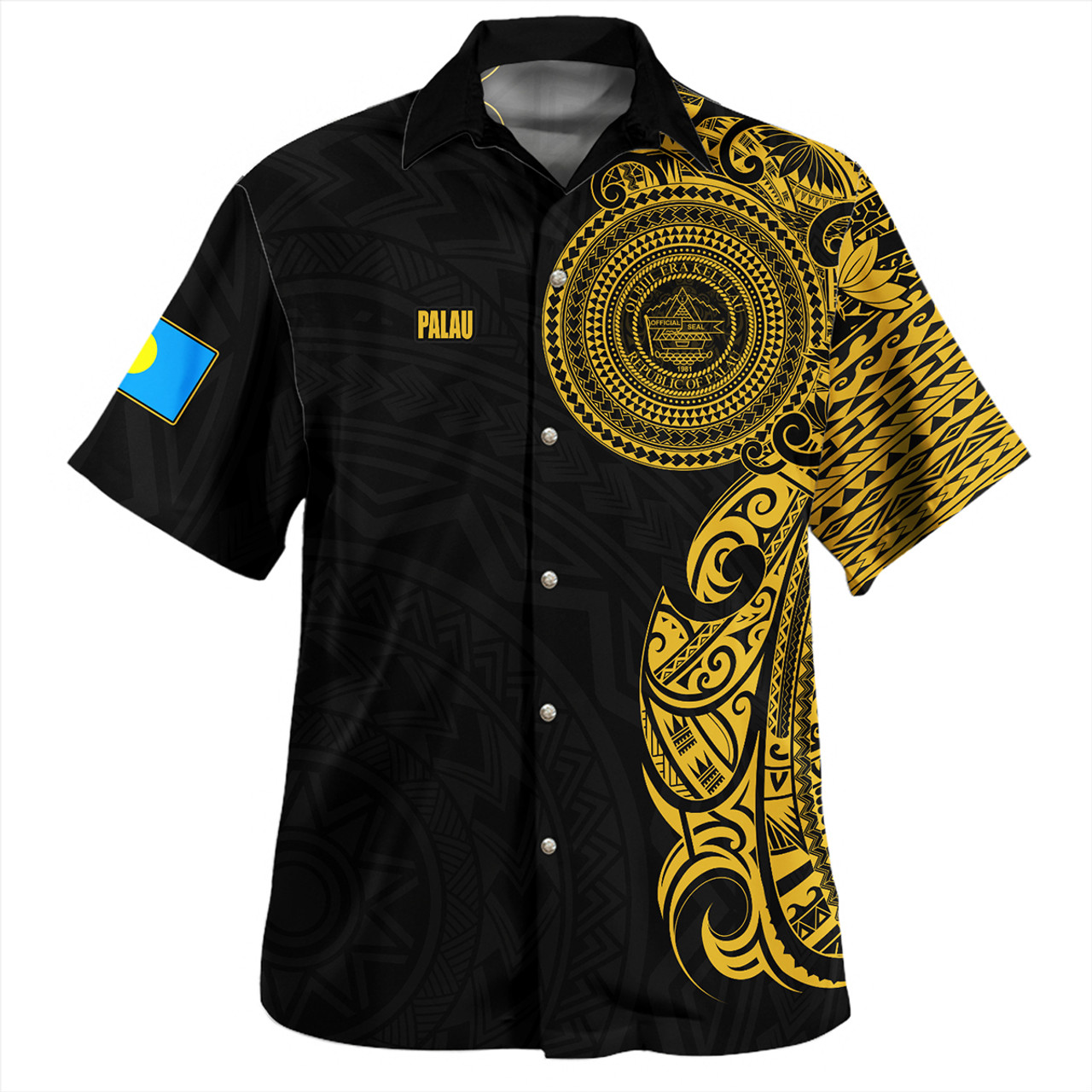 Palau Hawaiian Shirt Custom Polynesian Half Sleeve Gold Tattoo With Seal Black
