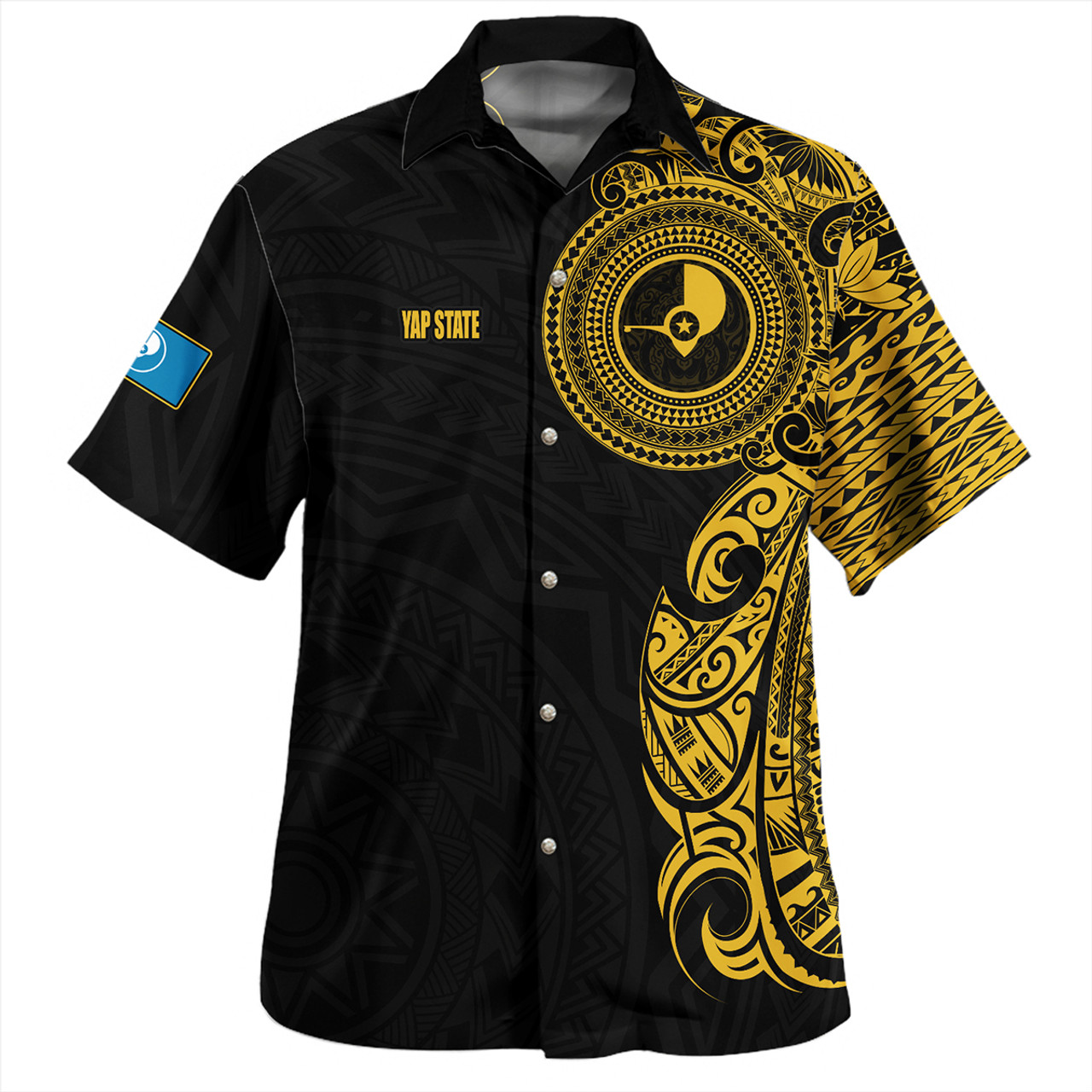 Yap State Hawaiian Shirt Custom Polynesian Half Sleeve Gold Tattoo With Seal Black