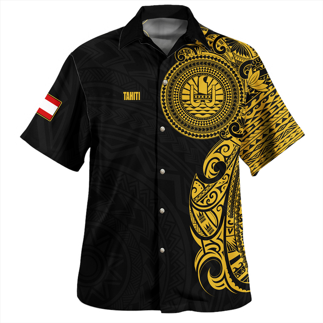 Tahiti Hawaiian Shirt Custom Polynesian Half Sleeve Gold Tattoo With Seal Black