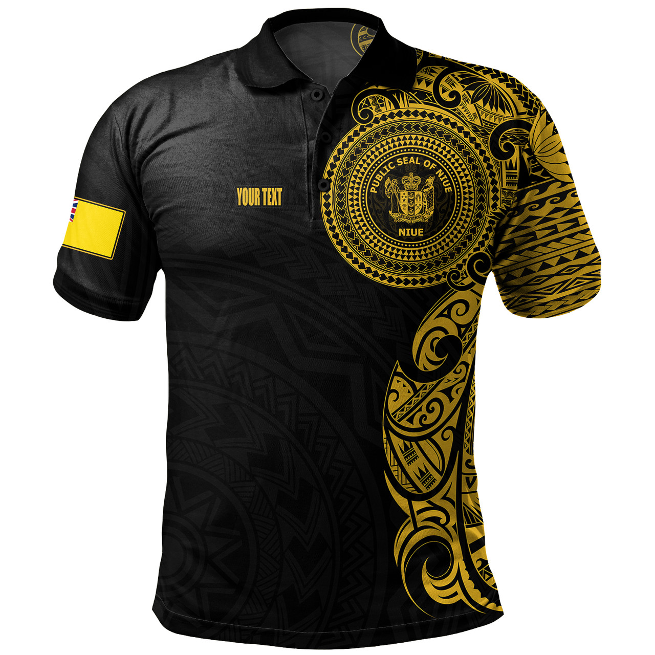 Niue Polo Shirt Custom Polynesian Half Sleeve Gold Tattoo With Seal Black