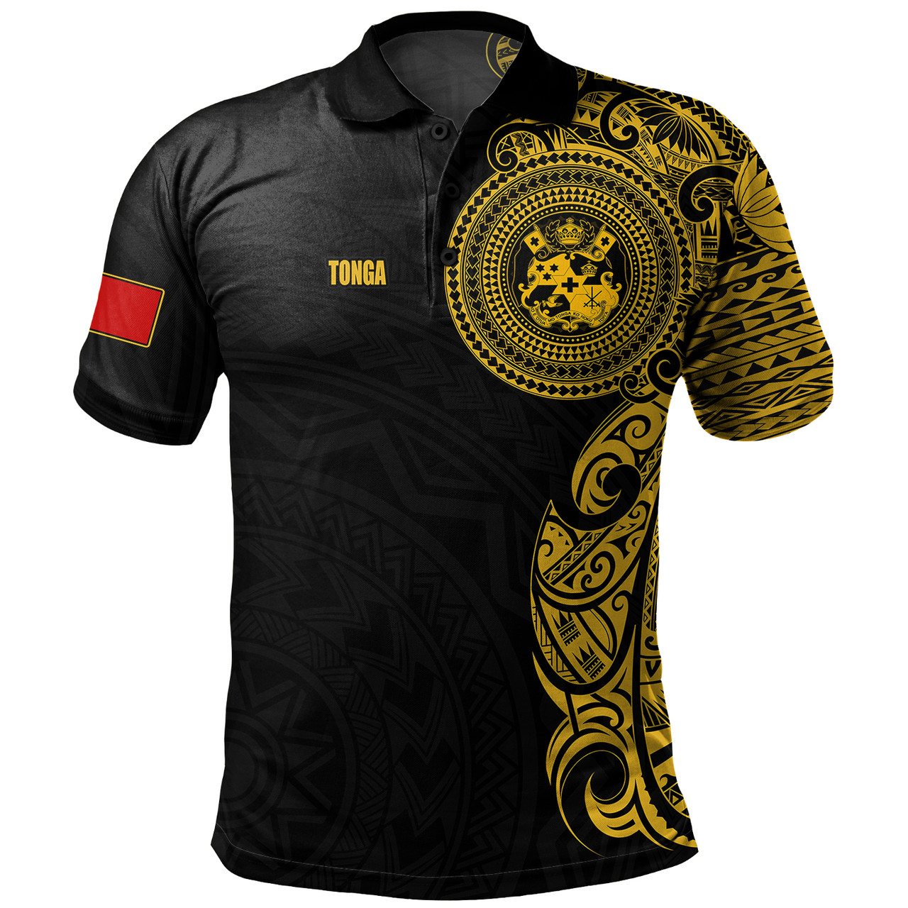 Tonga Polo Shirt Custom Polynesian Half Sleeve Gold Tattoo With Seal Black